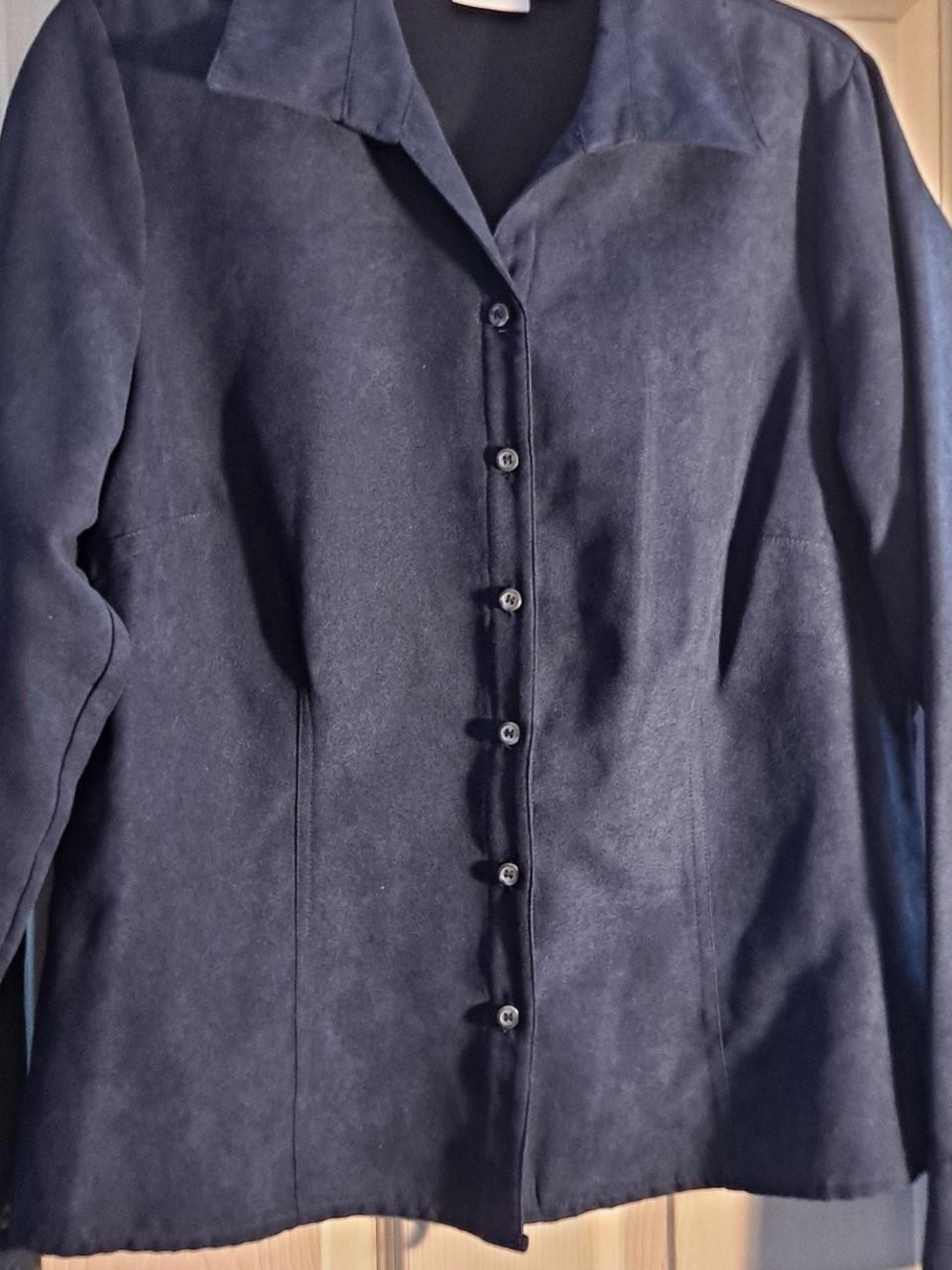 Women's Navy Button-Front Faux Suede Blouse